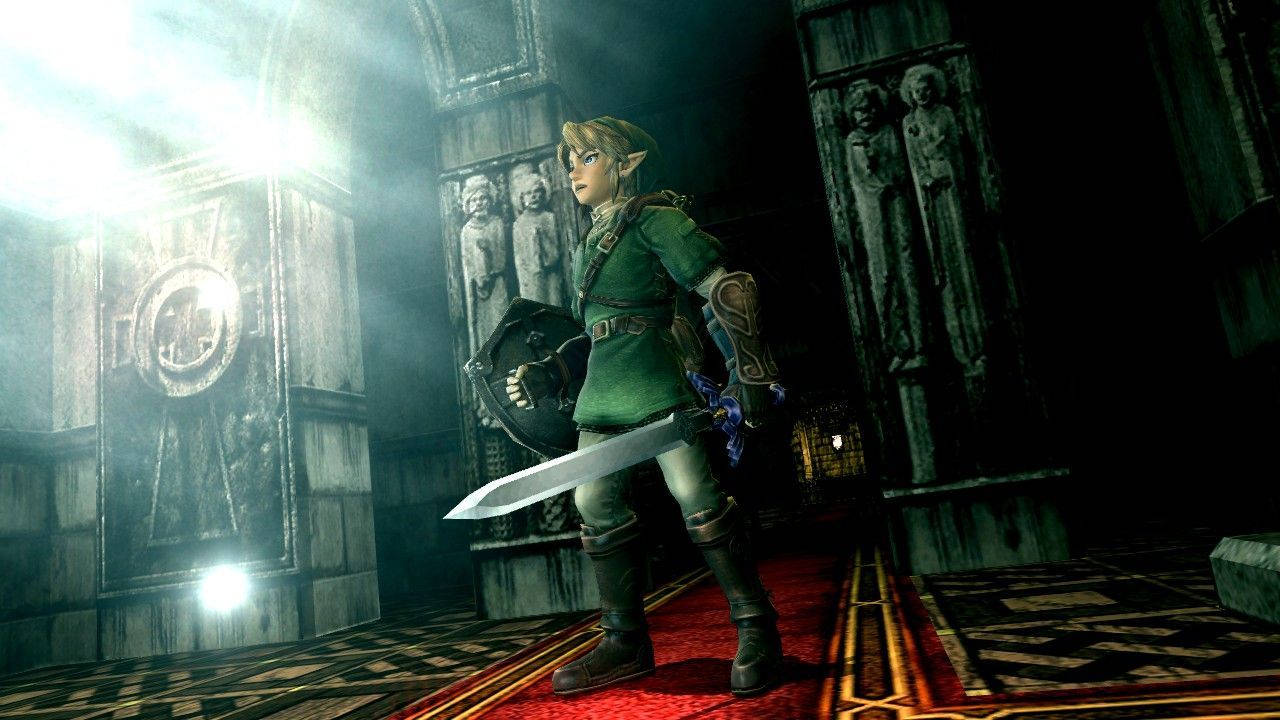 Link 喺電子遊戲寺廟入面，喺戲劇性燈光下揸住劍同盾牌。 — 連結 GIF 壁紙