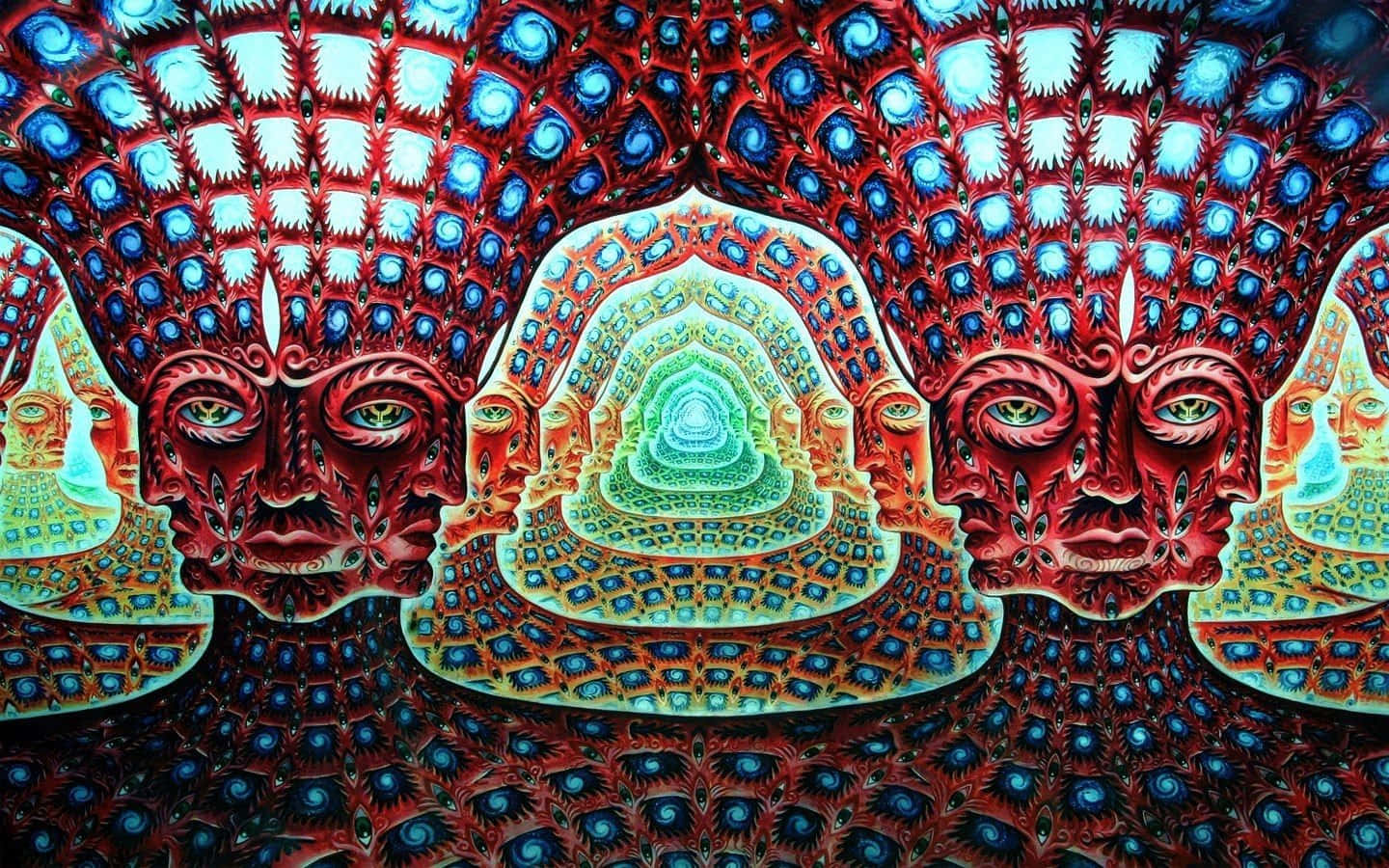 探索新高度，用迷幻桌面拓展創意 壁紙 — 充滿活力的迷幻藝術作品，以對稱的紅色和藍色面孔為特色，周圍環繞著複雜的圖案，圍繞著一個發光的綠色螺旋隧道。