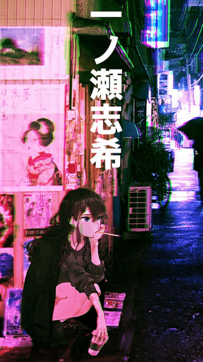探索日式動畫美學 壁紙 — 一個孤獨的動漫女孩在霓虹燈閃爍、潮濕的東京小巷中抽煙，散發著粉紅色和藍色的光芒。