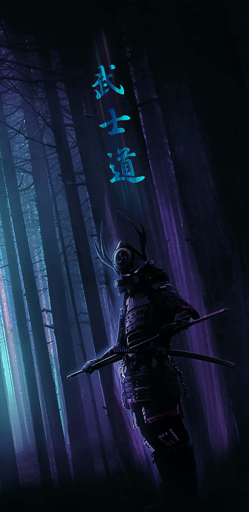 夜晚森林中的武士，上方有發光的藍色漢字。