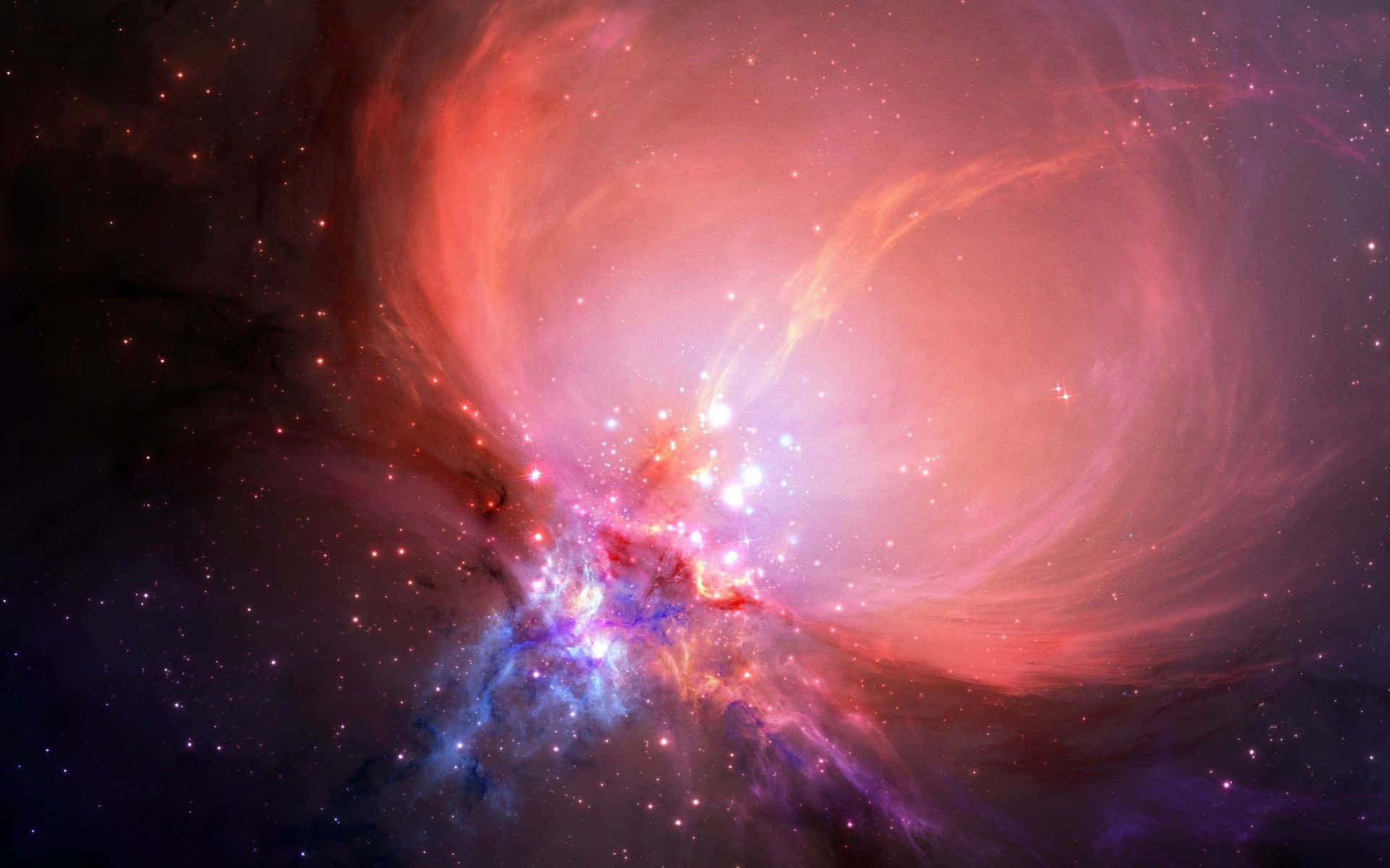 充滿活力的宇宙星雲，帶有旋轉的紅色和藍色氣體以及散落的星星。