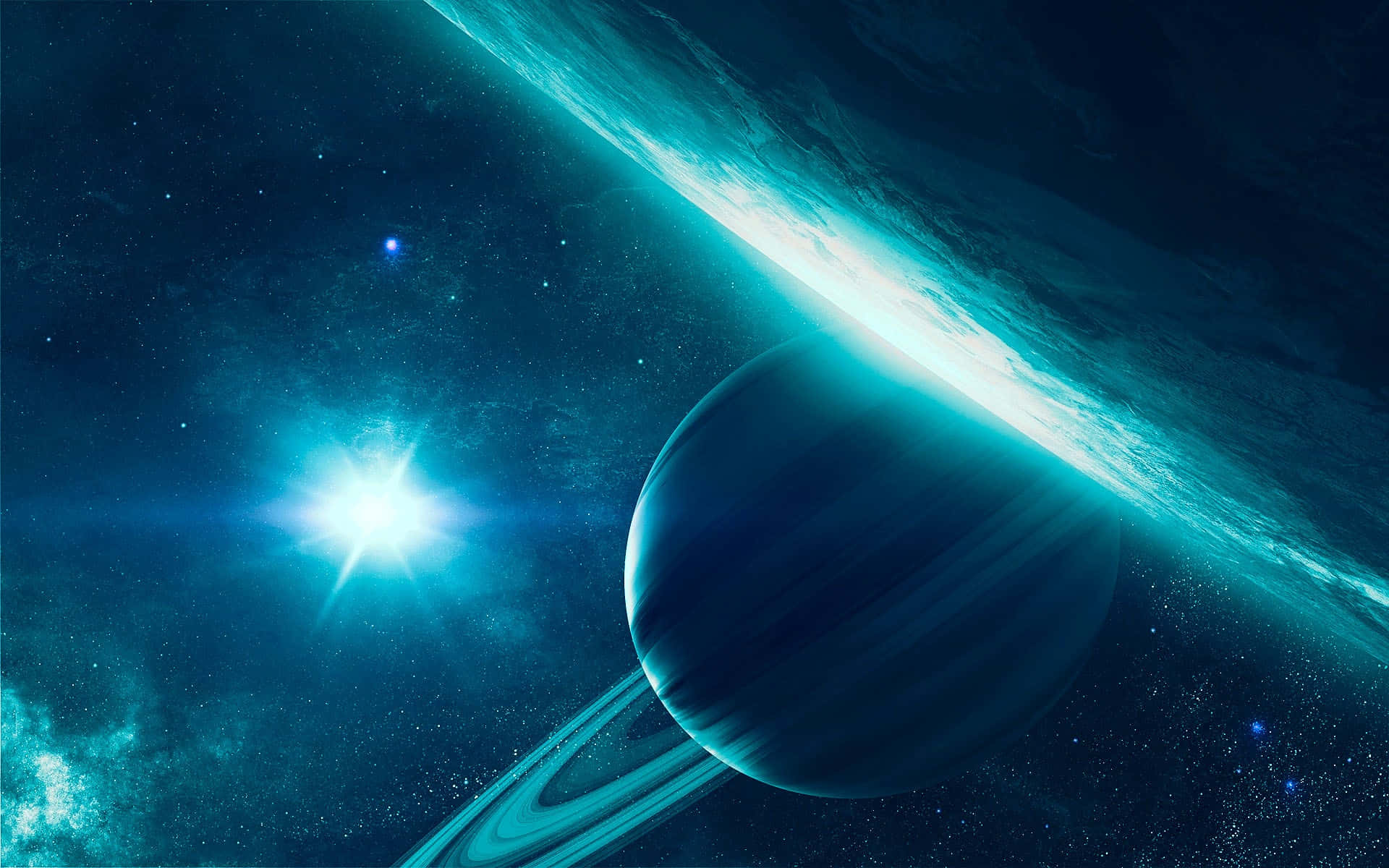 一顆帶環的藍色行星在藍綠色星場中圍繞著一顆明亮的恆星運行。
