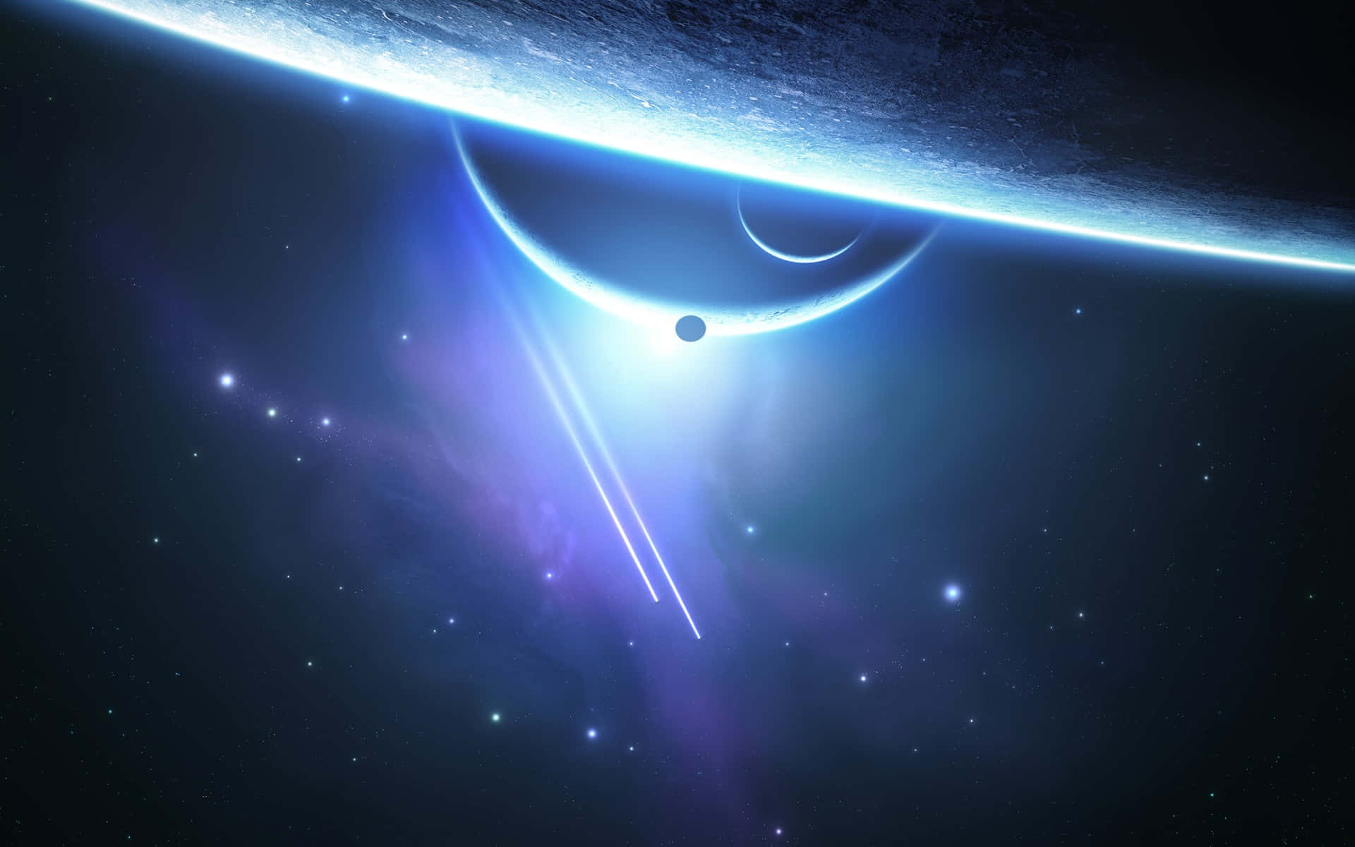 一顆藍色行星，帶有發光的流光，背景是繁星點點的宇宙。