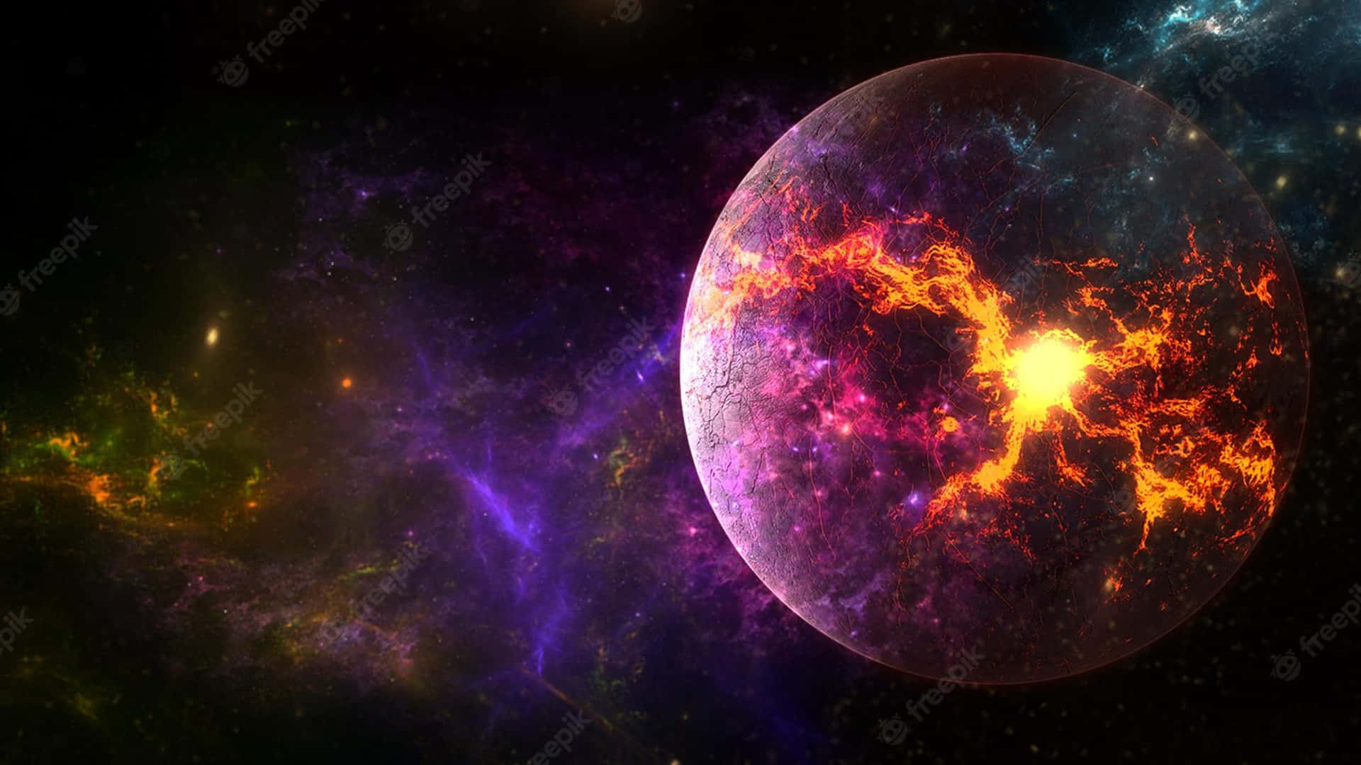 在色彩繽紛、充滿星雲的太空場景中，一顆帶有熾熱裂縫的發光行星。