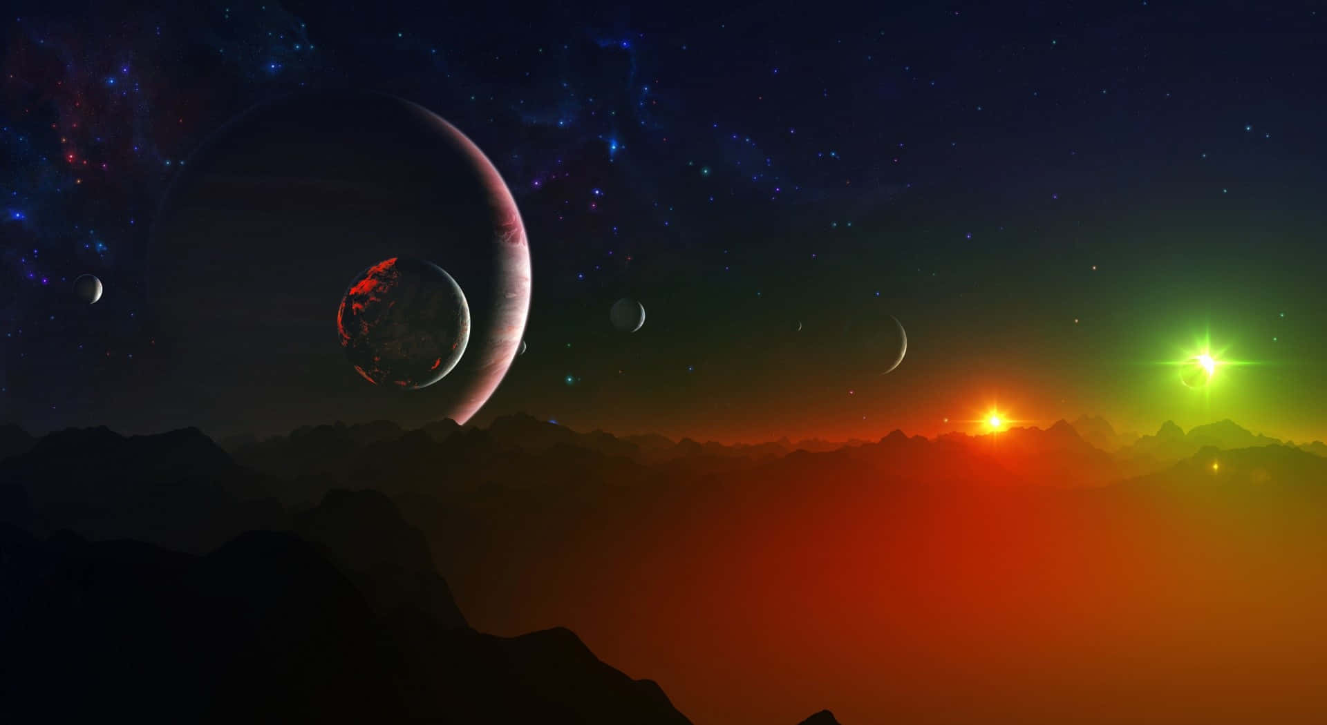 在色彩繽紛的天空下，外星山脈伴隨著發光的行星和星星。