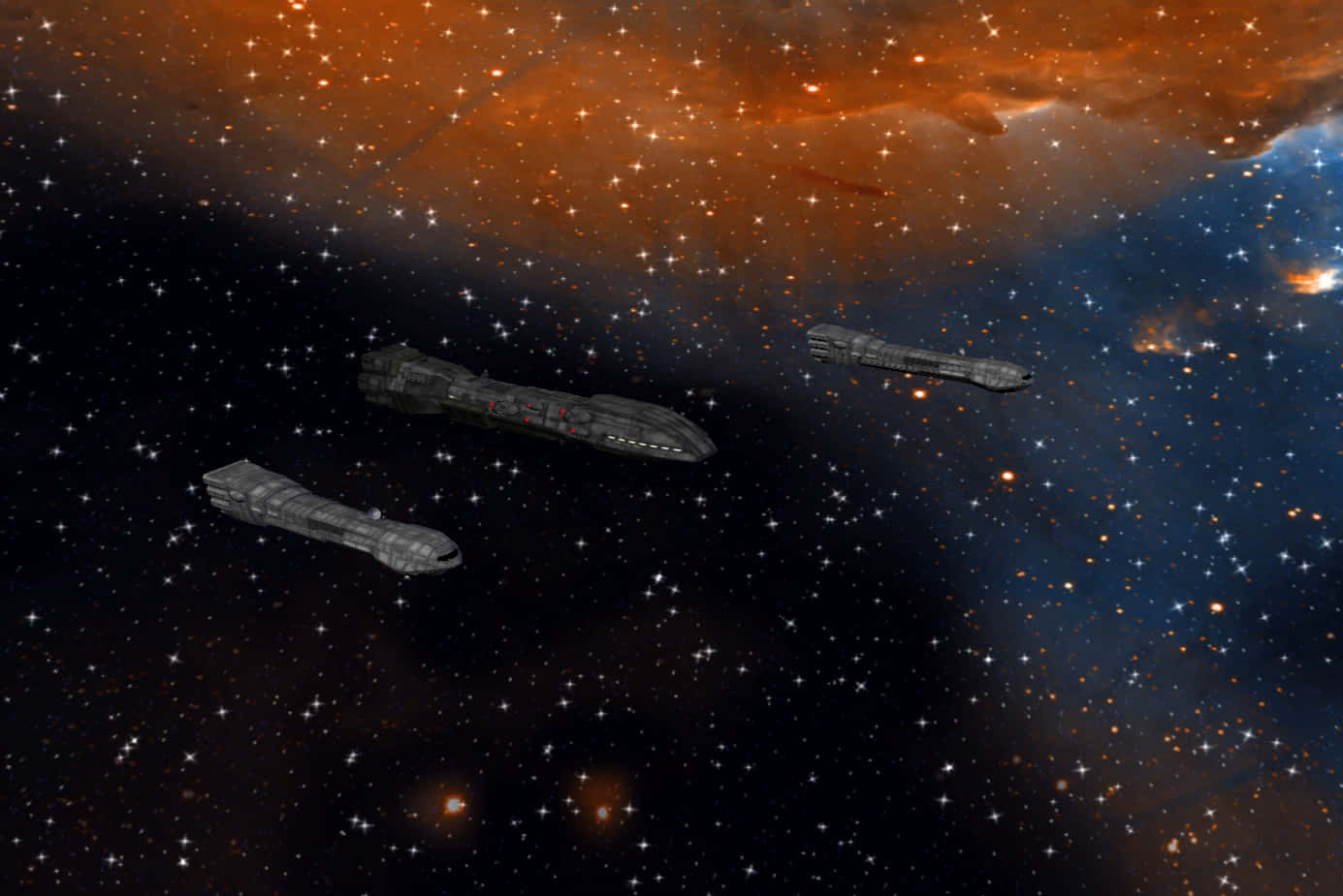 探索星際戰爭宇宙的無限廣袤 壁紙 — 三艘流線型灰色太空船滑翔穿過一個充滿活力的宇宙星雲，散發著橙色和藍色的星光。