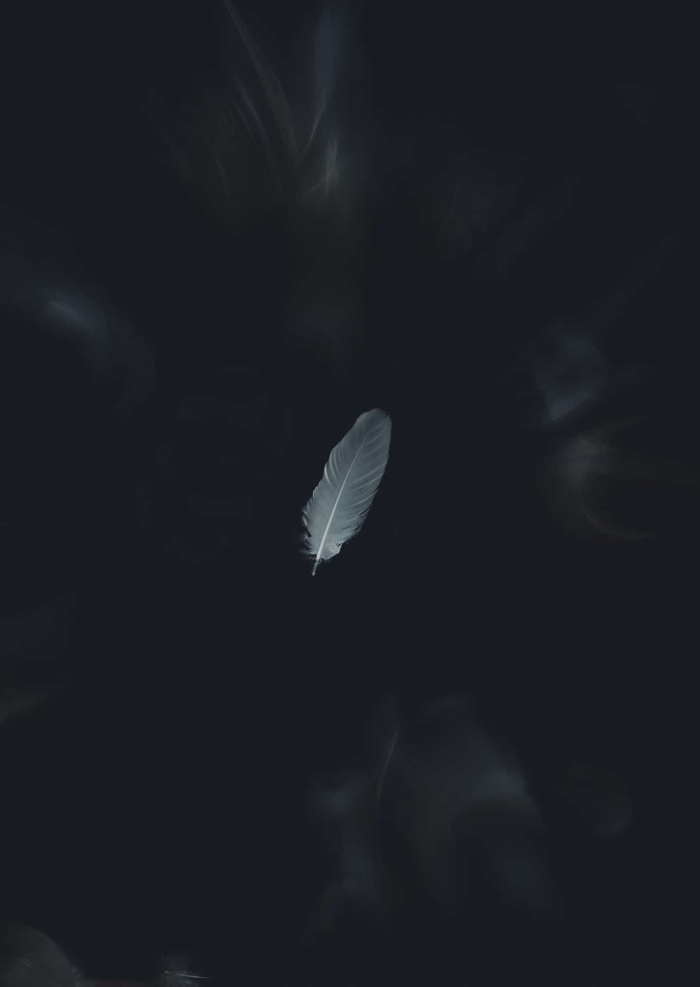 一根發光的白色羽毛懸浮在黑暗旋轉的煙霧中。