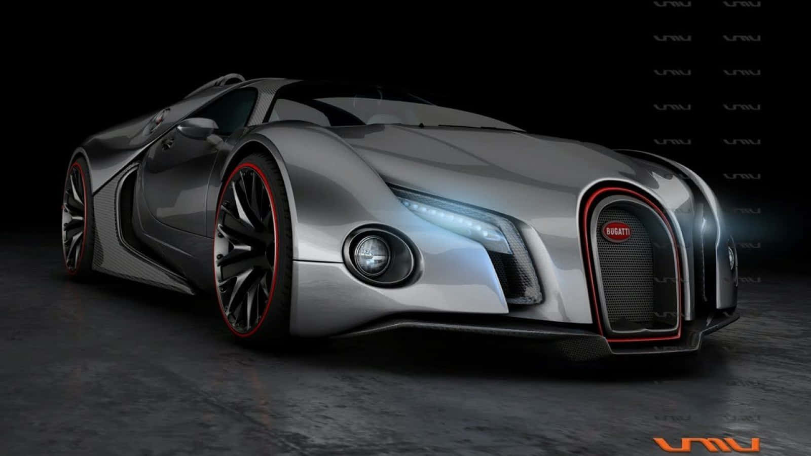 探索最佳Bugatti的力量 壁紙 — 一輛時尚的銀色 Bugatti 超級跑車，配備紅色裝飾輪圈和發光頭燈，在黑暗的攝影棚中展示。