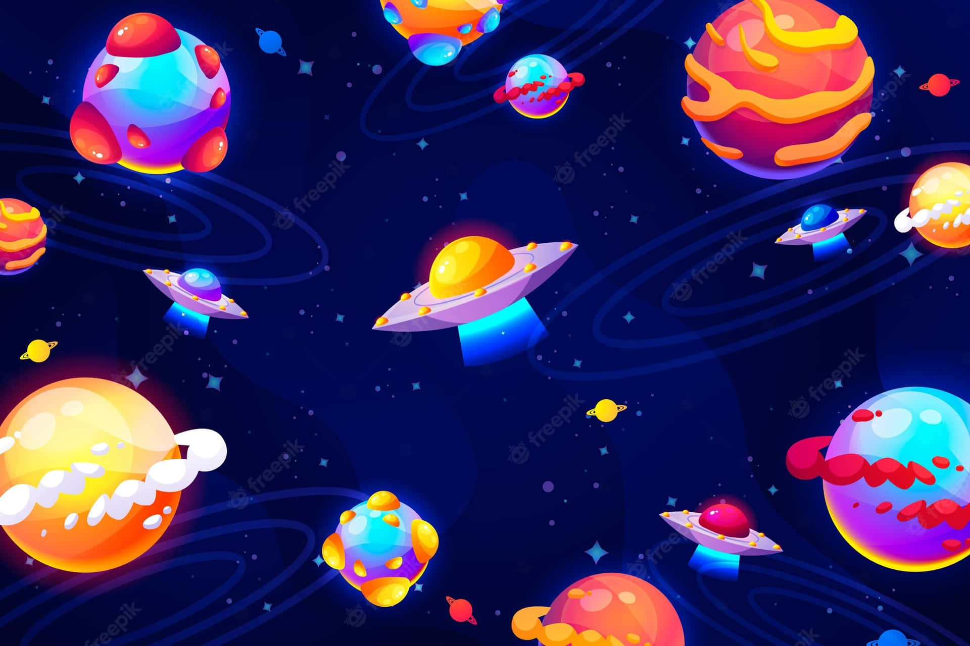 色彩繽紛的卡通行星和UFO漂浮在星光熠熠的太空場景中。