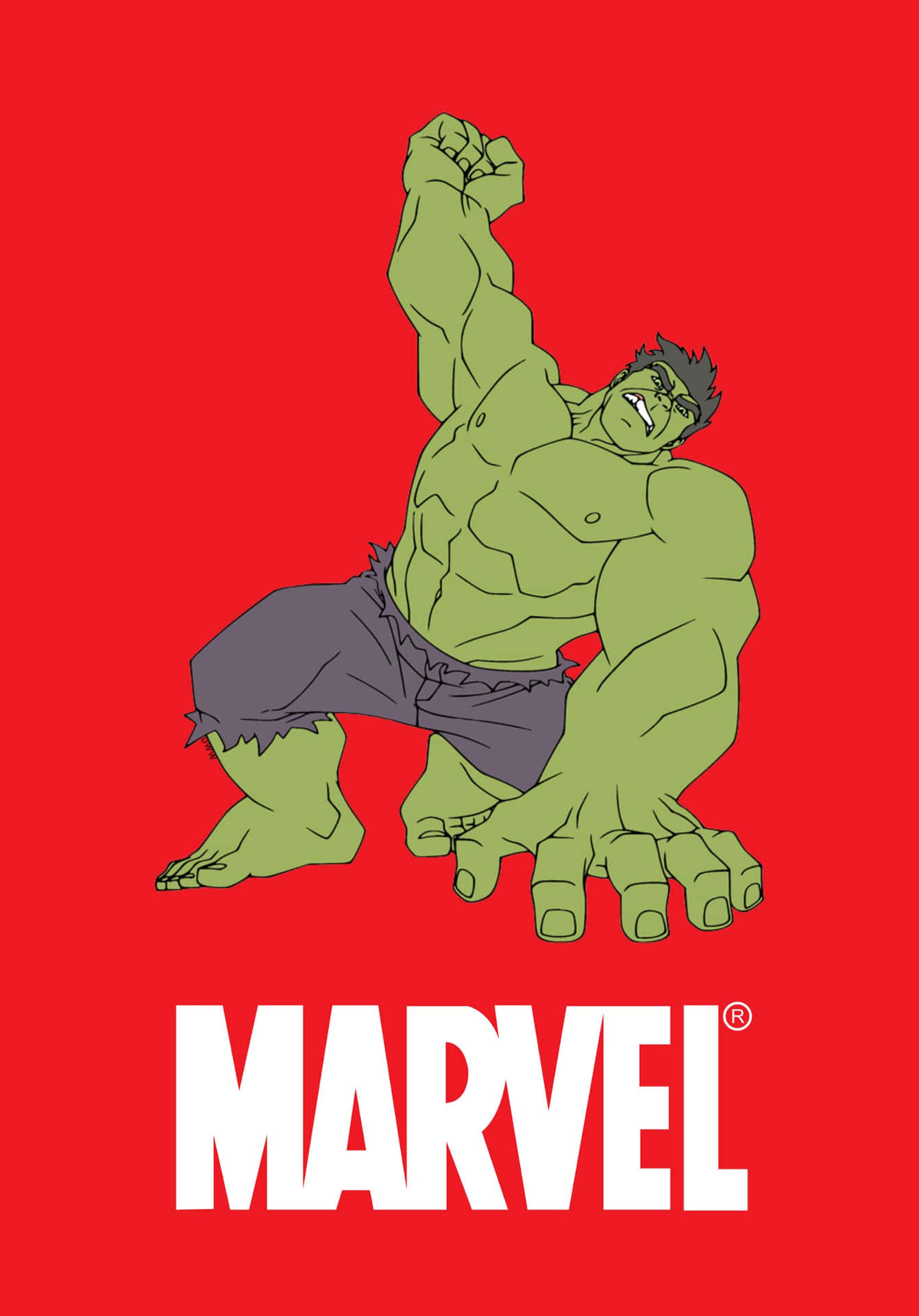 綠色卡通變形俠醫穿著紫色褲子，在帶有Marvel標誌的紅色背景上舉起拳頭。