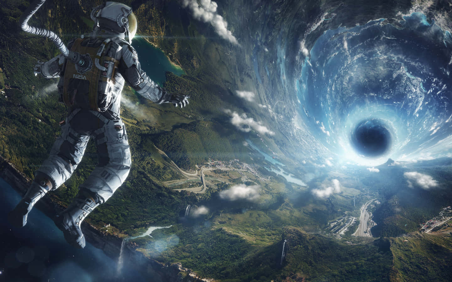 太空人在星球上空漂流，天空中有一個黑洞。
