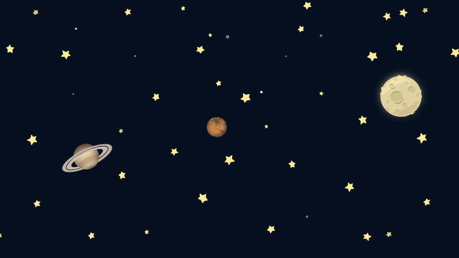 探索最終邊疆 壁紙 — 一個風格化的夜空，土星、火星和月亮被發光的黃色星星包圍，背景為深海軍藍色。