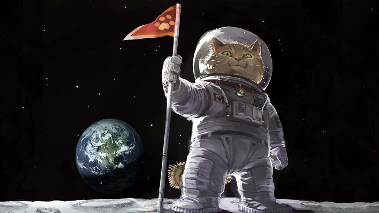 「探索最終邊疆——太空貓咪！」 壁紙 — 一隻卡通貓太空人自豪地在月球上插上一面爪印旗，背景可見地球。