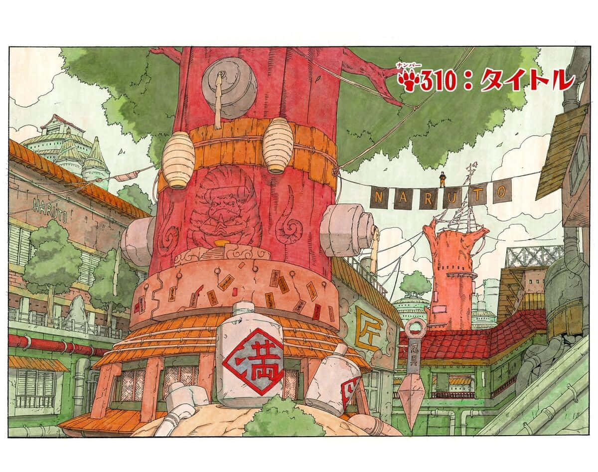 探索木葉村的傳奇迷人景觀 壁紙 — 一個充滿活力的動漫風格村莊場景，有一棵巨大的紅樹，掛著燈籠和一個「Naruto」橫幅，懸掛在色彩繽紛的建築物上方。
