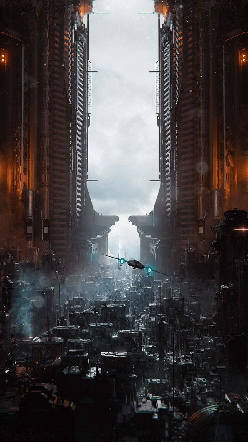一艘太空船在多雨的未來城市中飛越摩天大樓之間。
