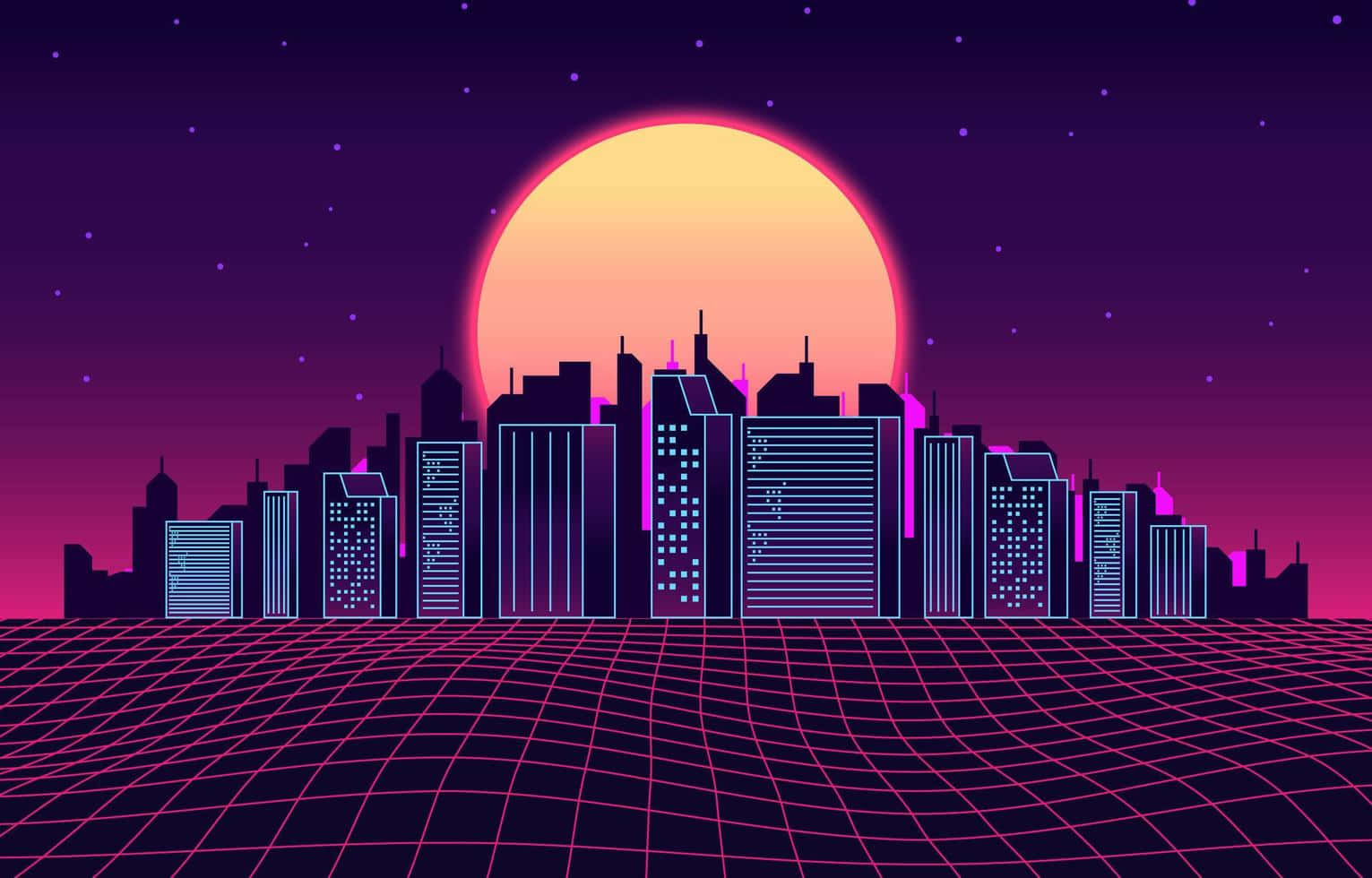 探索未來都市 壁紙 — 一個復古未來主義的城市天際線在巨大的橙色太陽下發光，背景是繁星點點的紫色天空，前景是網格圖案。