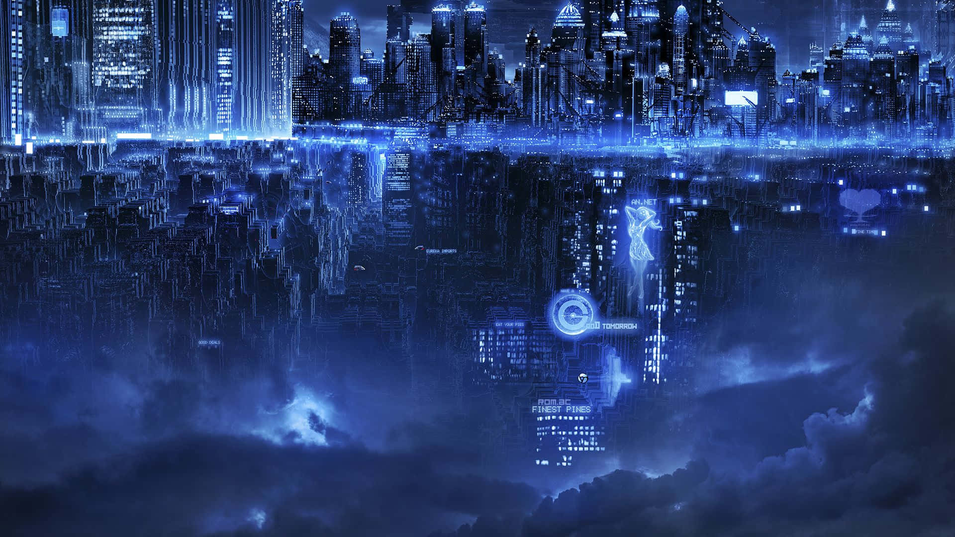 探索未來都市的世界 壁紙 — 未來城市天際線倒映在烏雲中，伴隨著發光的藍色霓虹燈和漂浮在空中的數字界面。