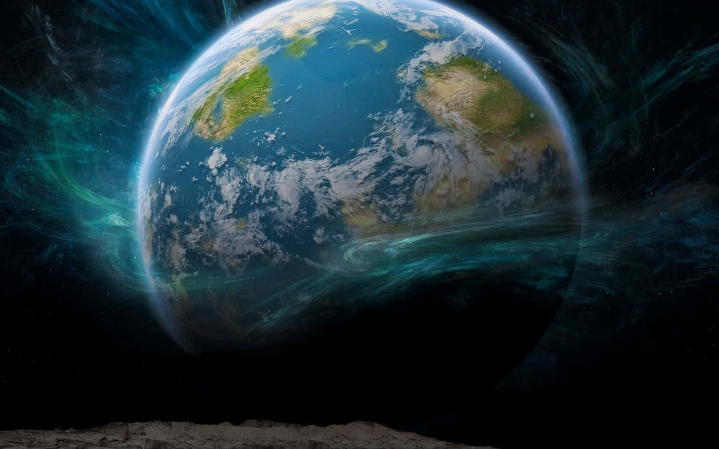 探索未受侵擾的自然美景 壁紙 — 從太空看到的地球壯麗景觀，帶有旋轉的青綠色極光和黑暗的星空背景。
