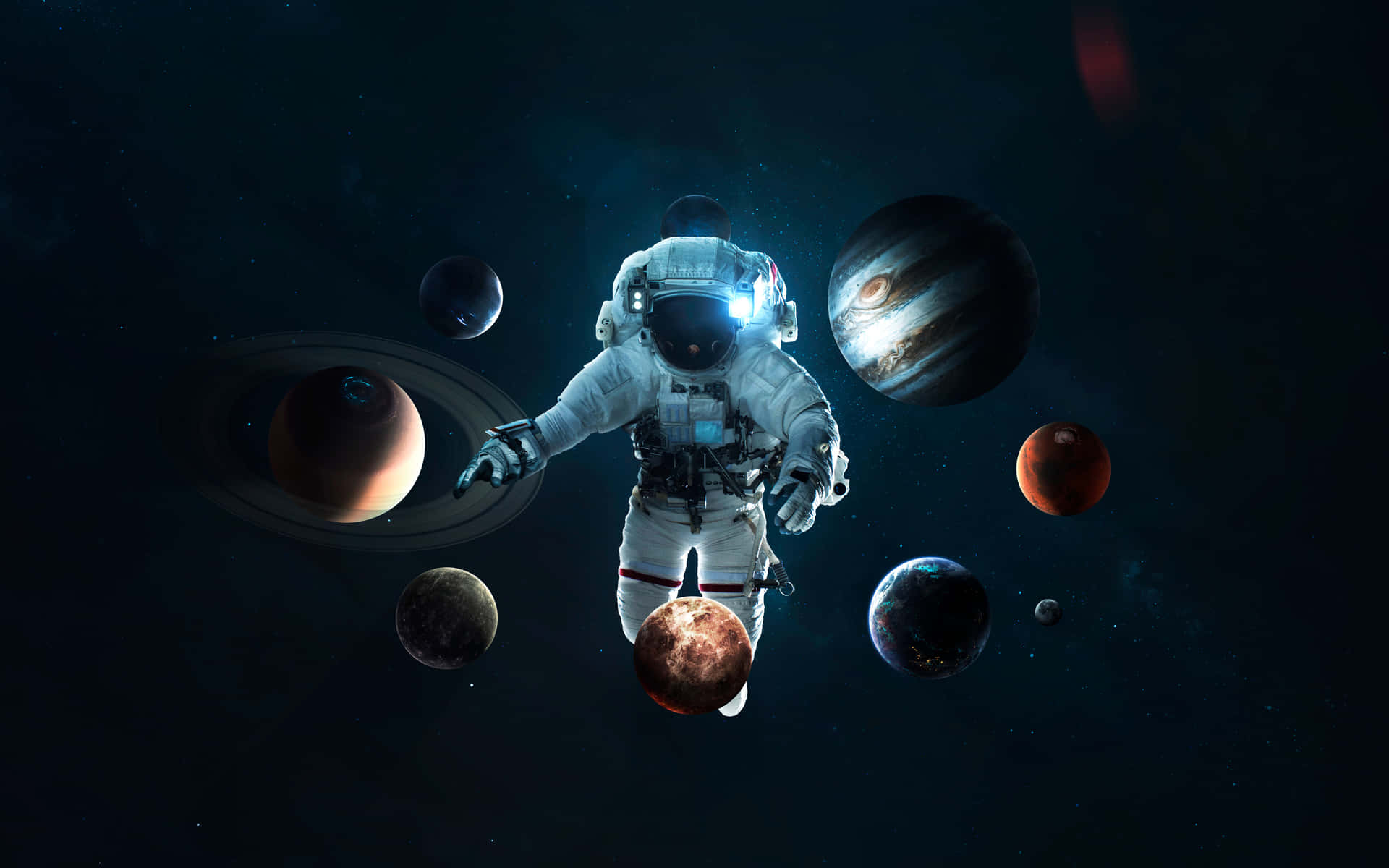 太空人在深空的行星間漂浮，伴有發光的星星。