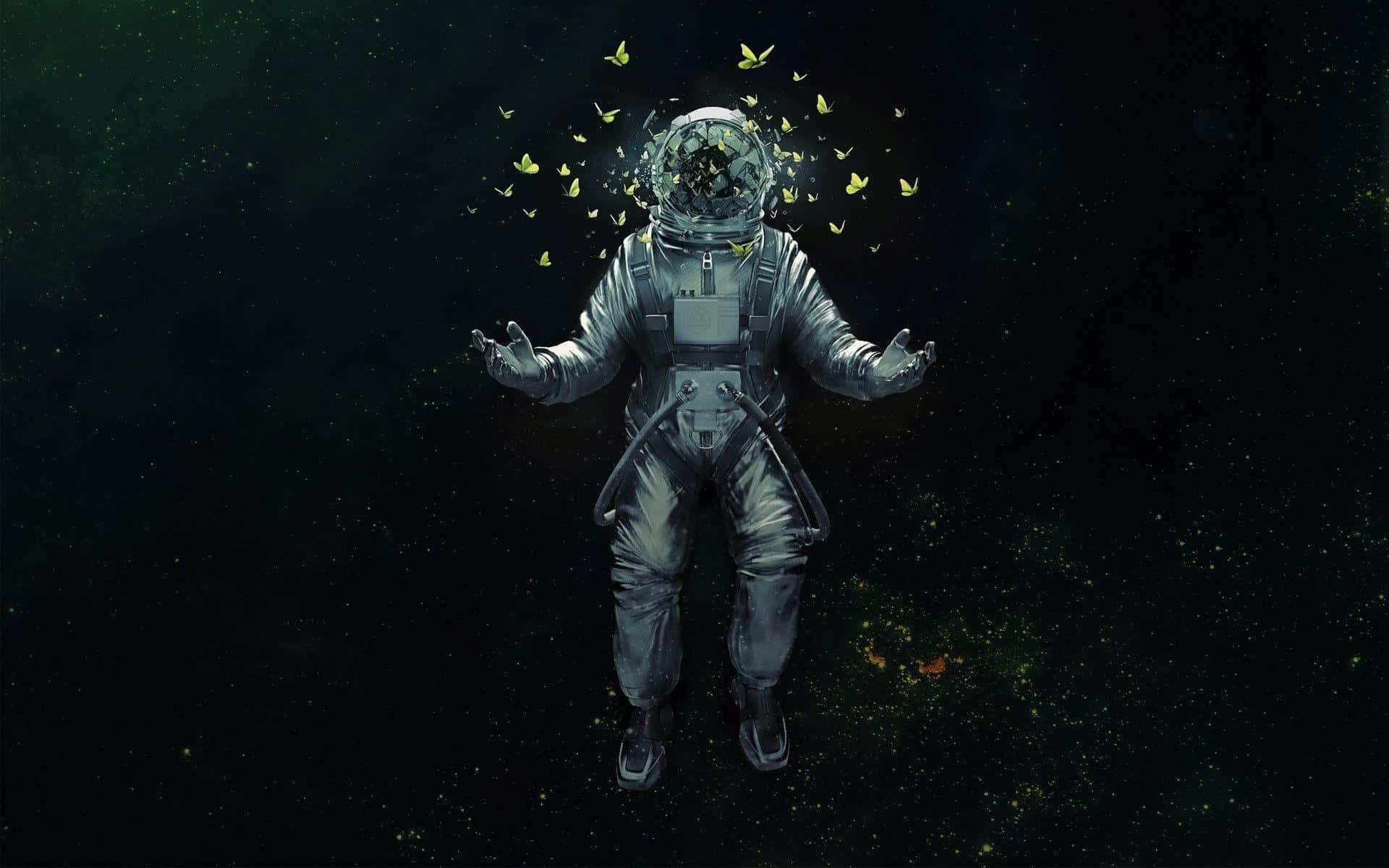 太空人在太空中，蝴蝶從破裂的頭盔飛出。