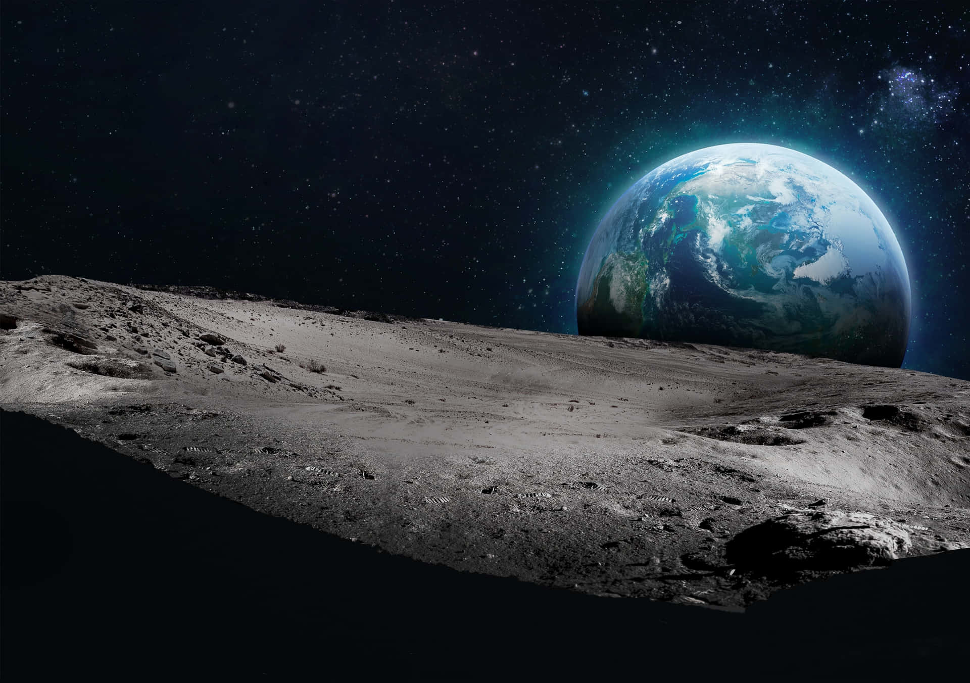 地球在星空下從月球般表面升起