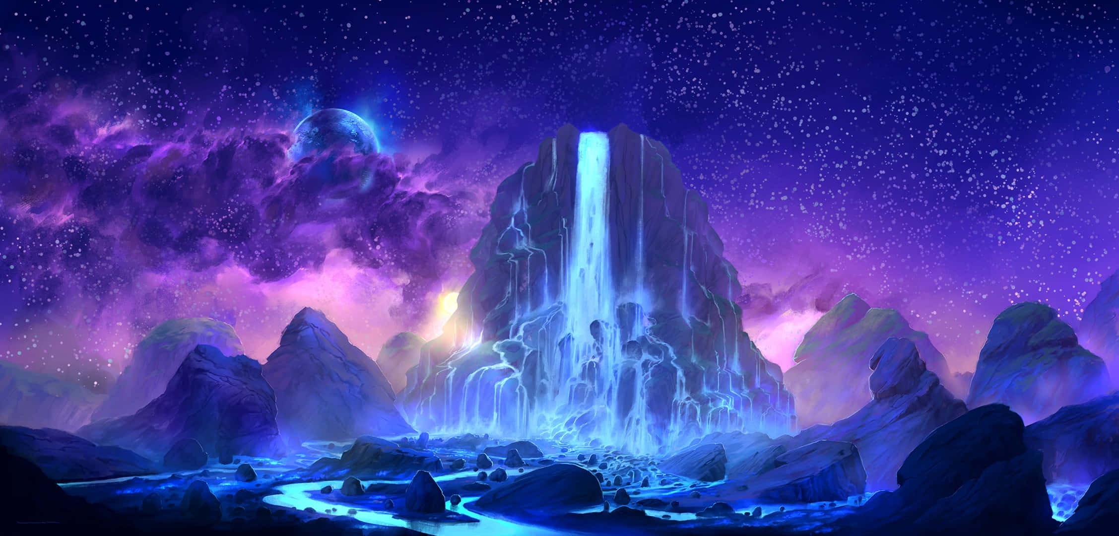 一道發光的瀑布流經岩石地貌，背景是繁星點點的紫色天空。