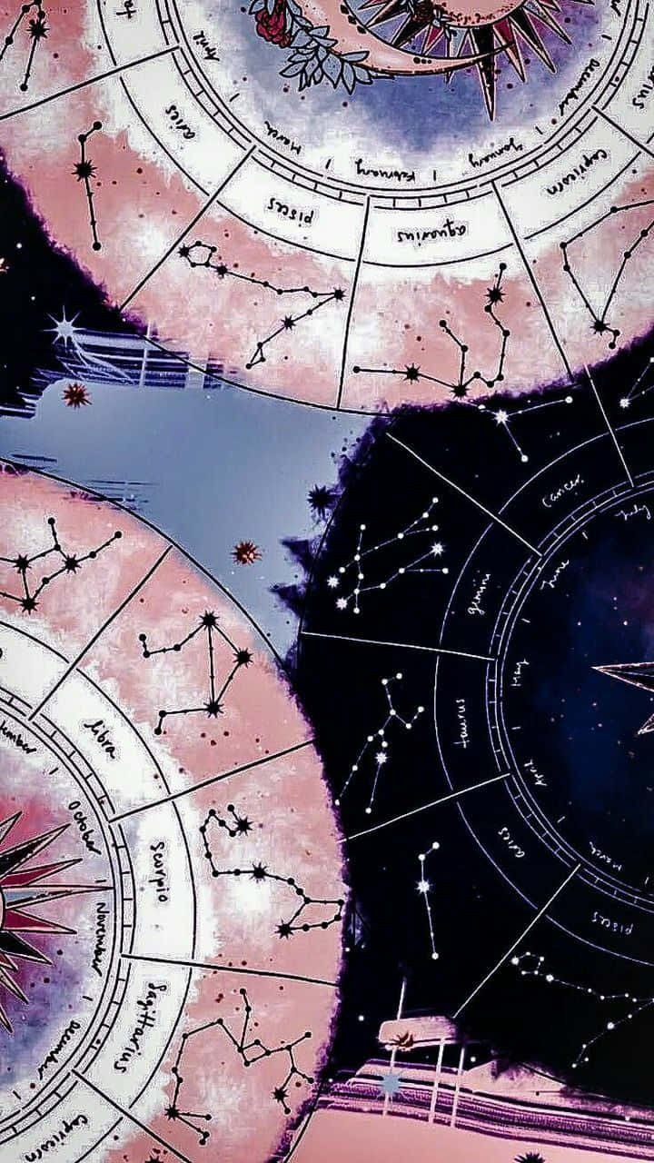 在粉紅色和海軍藍色調的天球上繪製的黃道十二宮星座插圖。