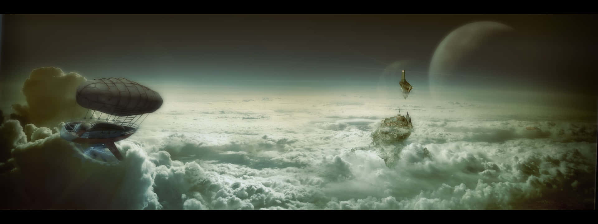 蒸氣龐克飛船和浮島在暮色雲層之上，月亮遠掛