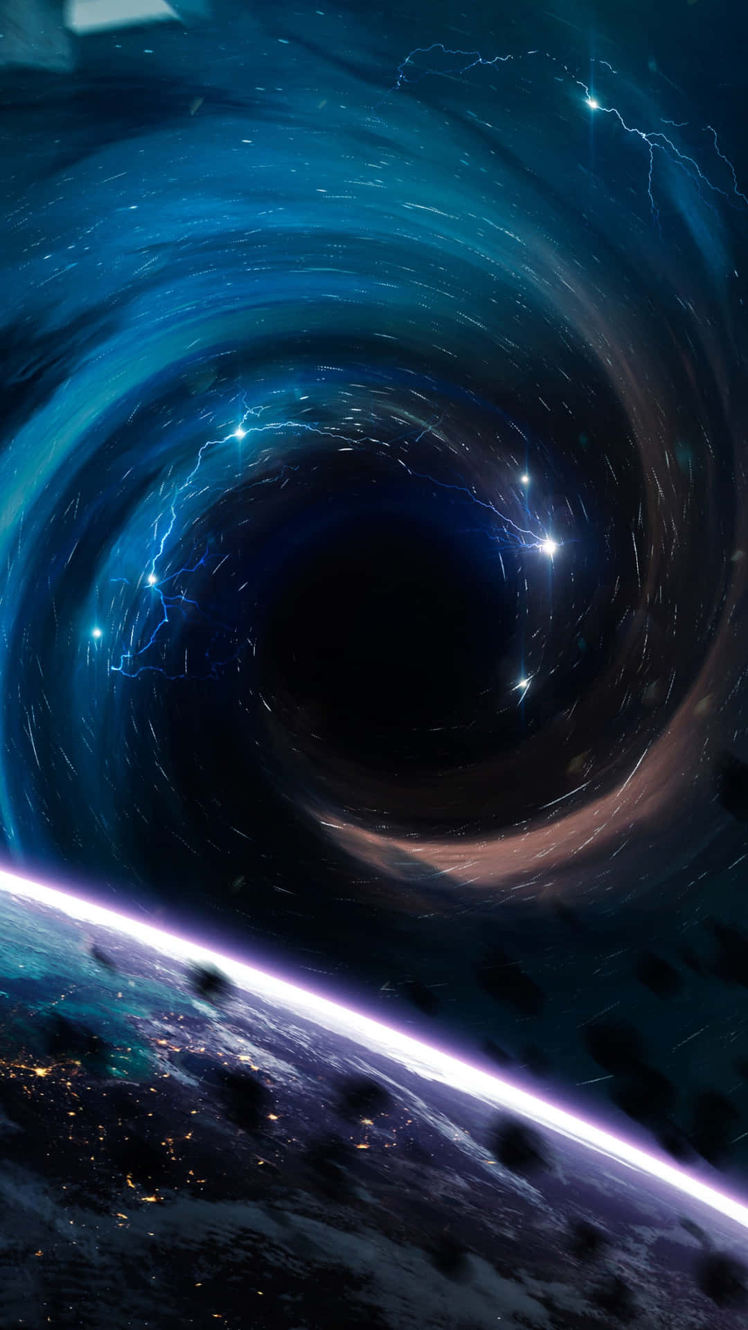 從太空看地球，一個帶有閃電的宇宙漩渦正被拉向黑洞。