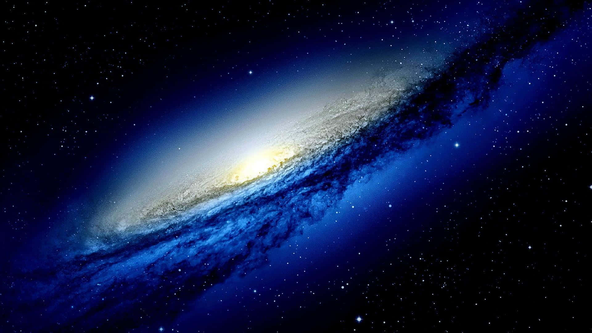 一個發光嘅螺旋星系，有藍色旋臂同明亮核心，被星星包圍。