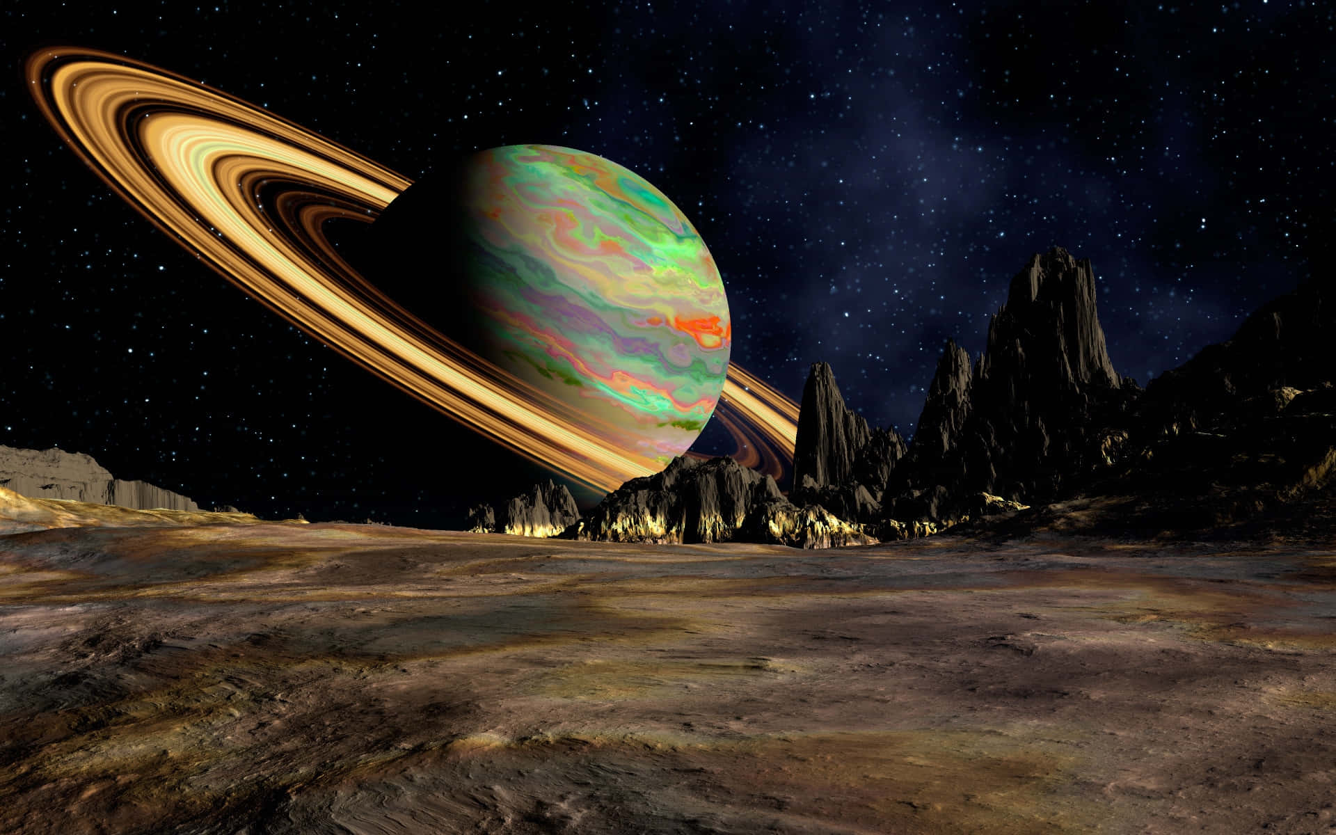 外星行星，環狀結構在星空下聳立於崎嶇山脈之上
