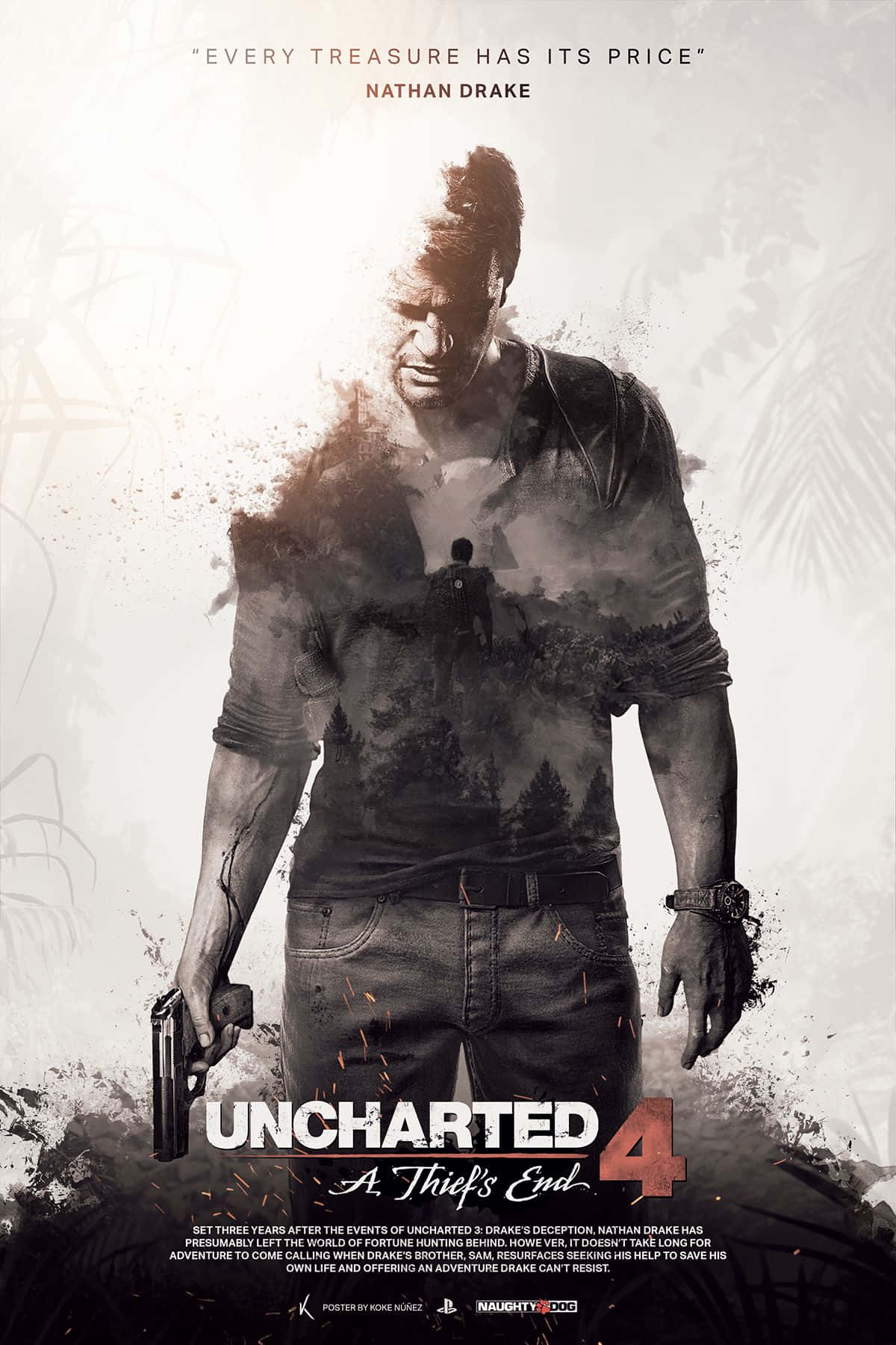 「探索未被發現的領域，並生存下來」 壁紙 — Nathan Drake 以單色粗獷風格站立，手持槍支，軀幹逐漸溶解成叢林場景，遠處有一個人影。