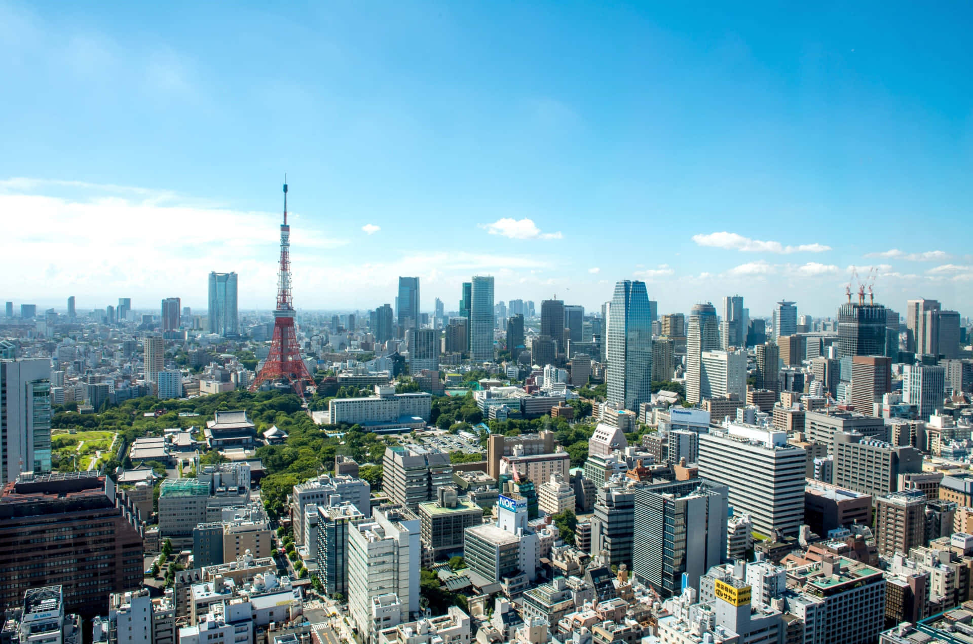 東京城市景觀，東京塔和現代建築在明亮的藍天下。