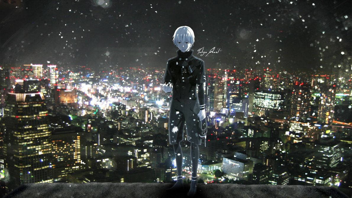 動漫角色在夜晚俯瞰雪城，燈光閃爍。