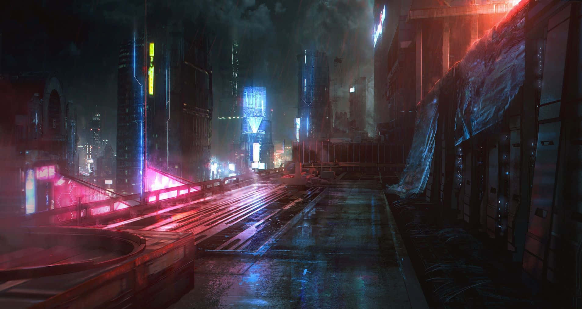 霓虹燈閃爍的賽博朋克城市街道，夜晚有雨和發光的摩天大樓。