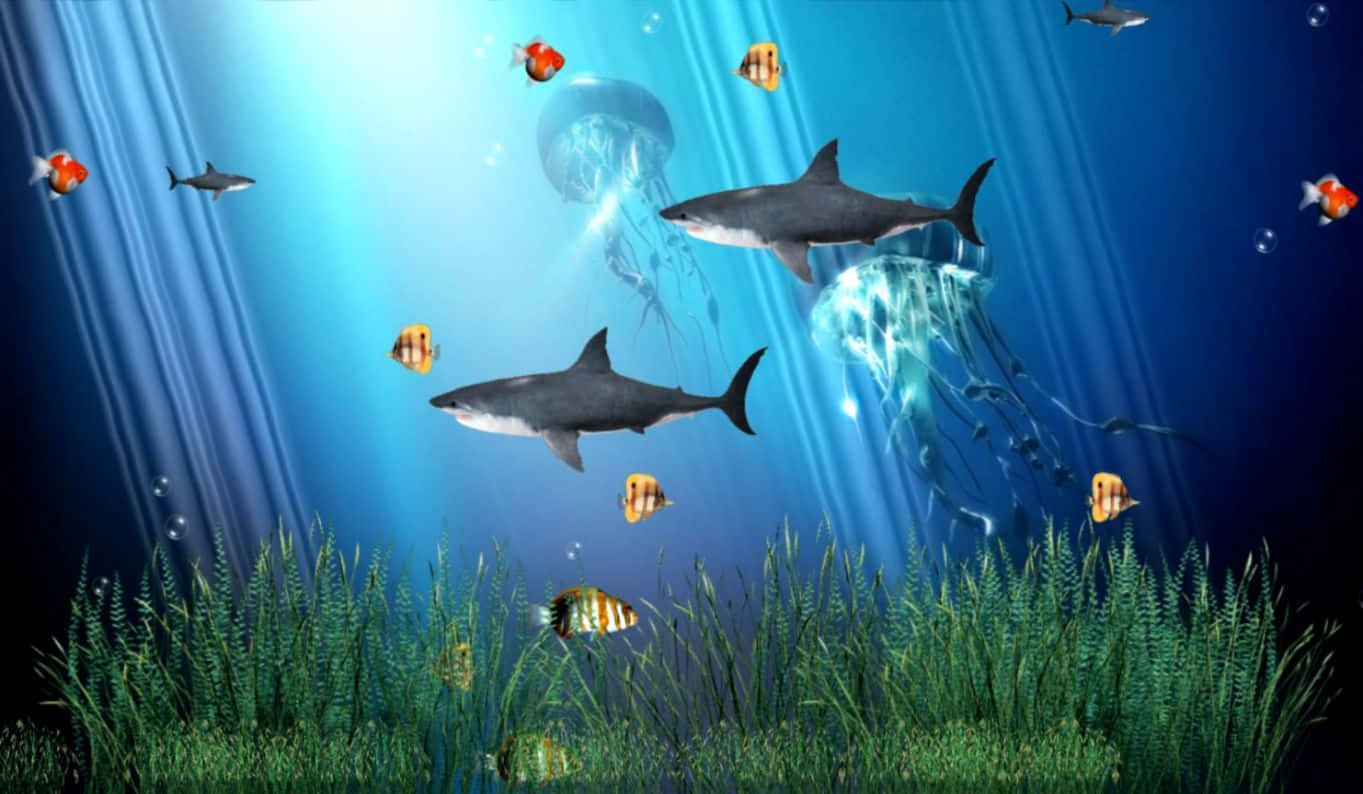 鯊魚和熱帶魚在陽光照耀的海水中穿梭於發光的水母和海草之間。