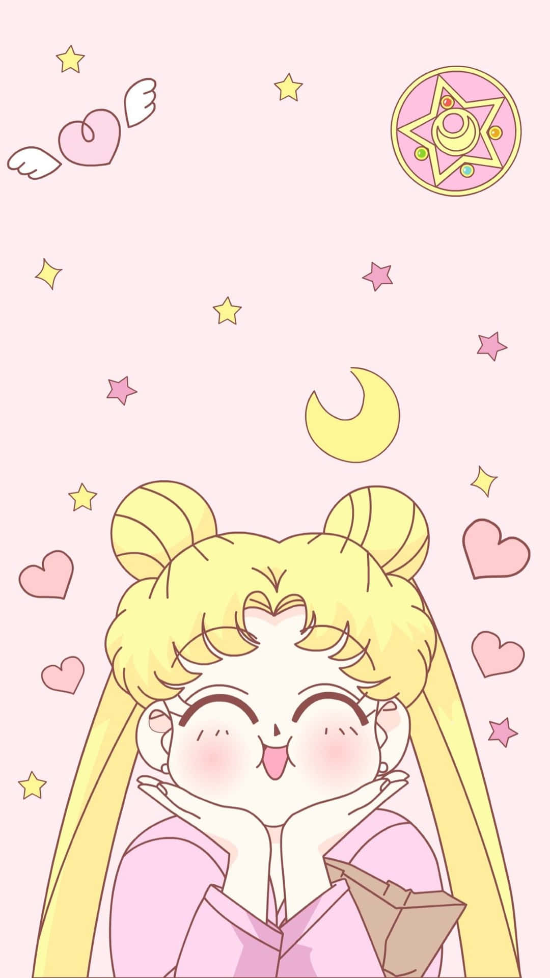 金色雙馬尾的動漫女孩，雙手托腮微笑，被星星和心形環繞。