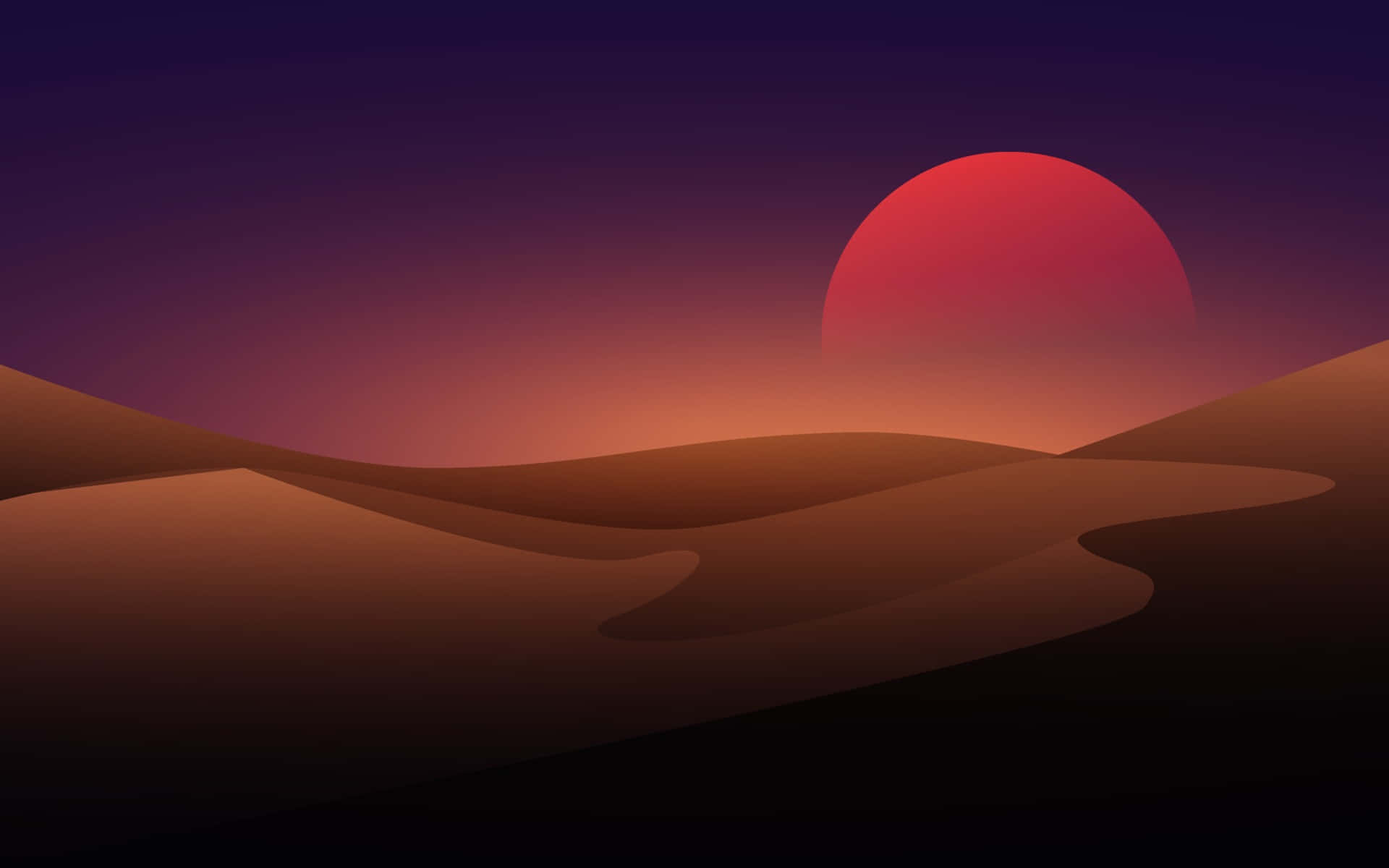 探索沙漠的壯麗風景 壁紙 — 極簡數位沙漠景觀，日落時分，起伏的沙丘和巨大的紅色太陽映襯著紫色天空。