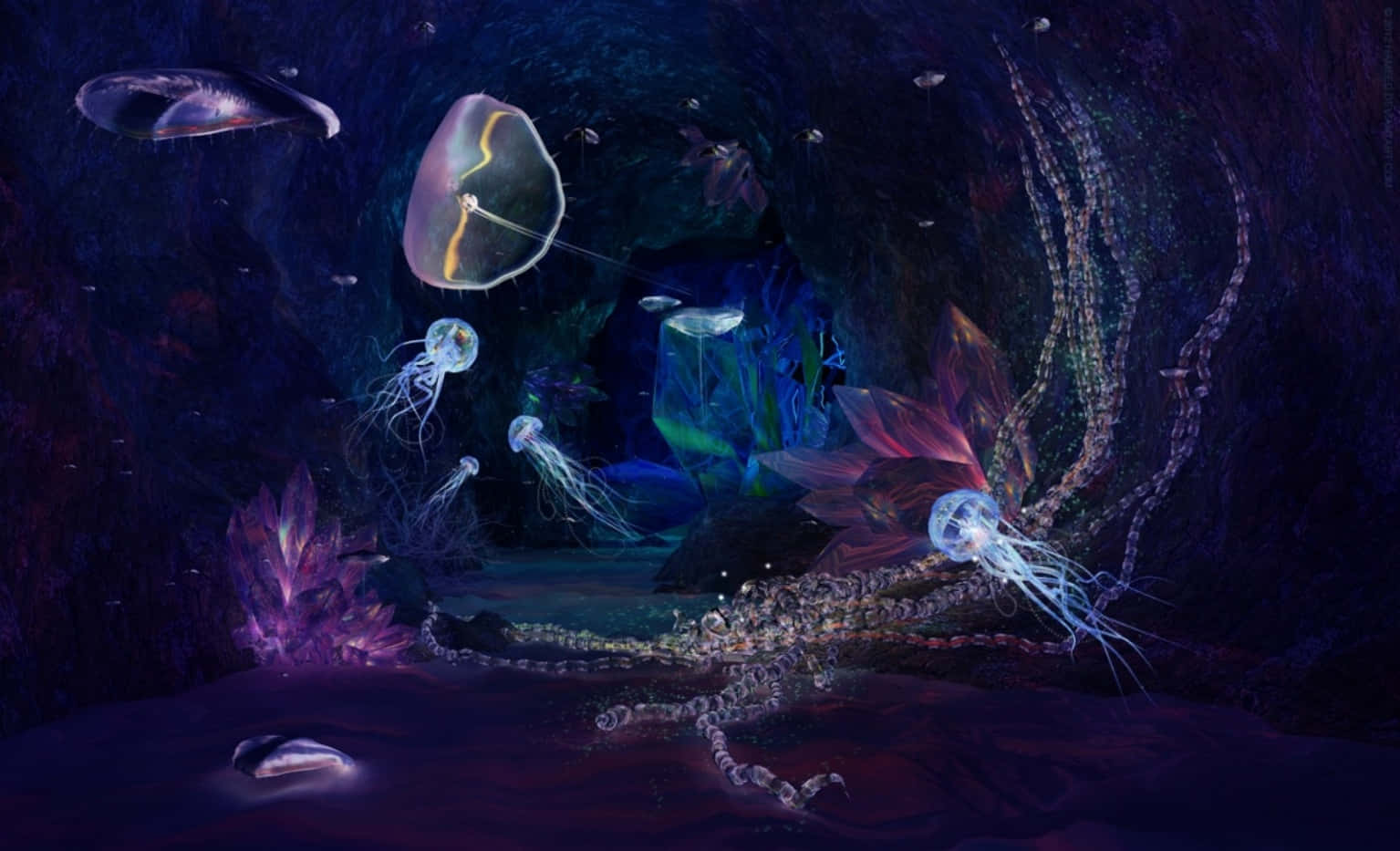 探索海洋的未知深處 壁紙 — 生物發光的水母在黑暗的水下洞穴中漂流，洞穴裝飾著發光的晶體和類似珊瑚的結構。