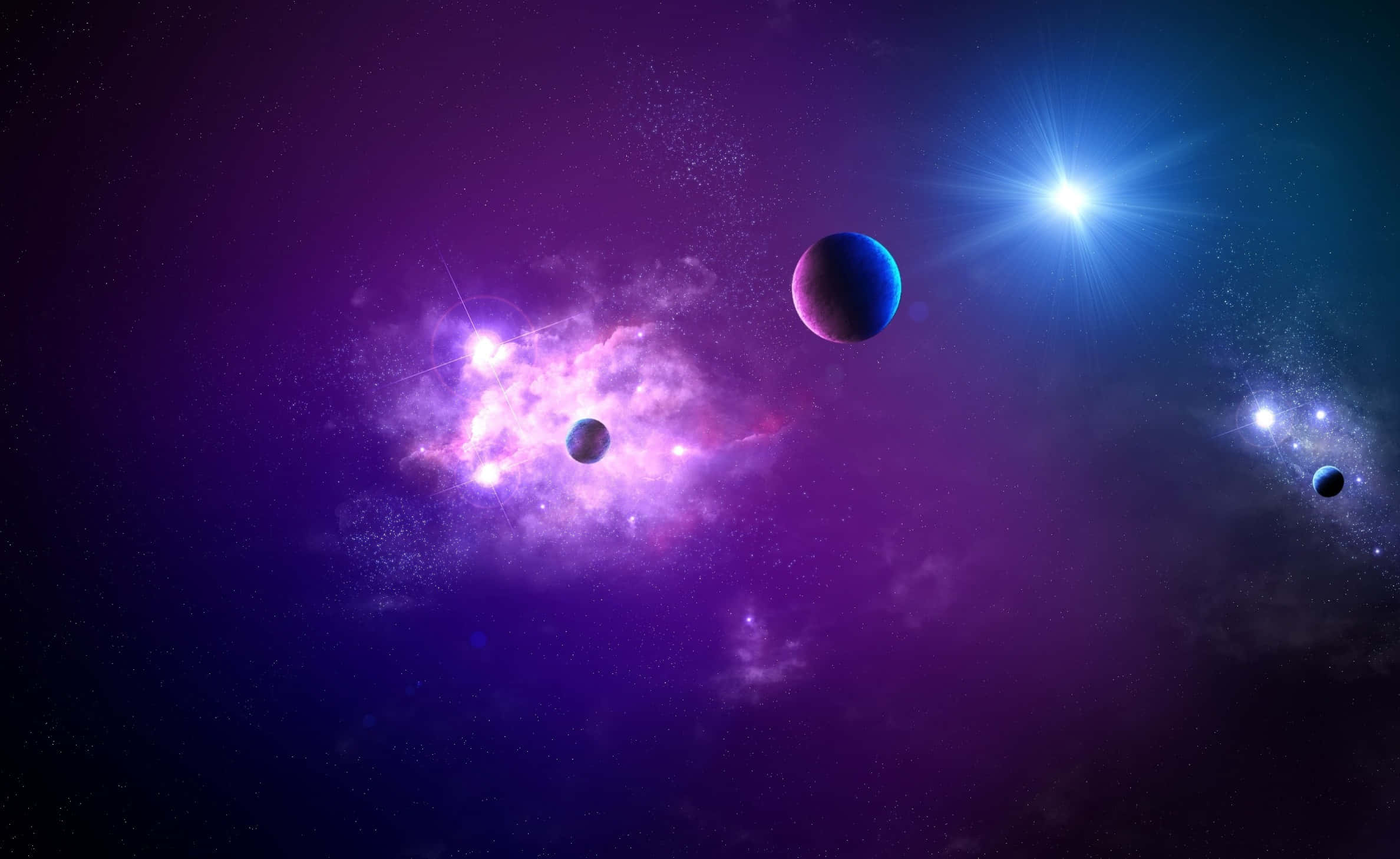 探索海洋的深處 壁紙 — 充滿活力的宇宙場景，發光的紫色星雲、行星和明亮的星星，背景是深邃的太空。