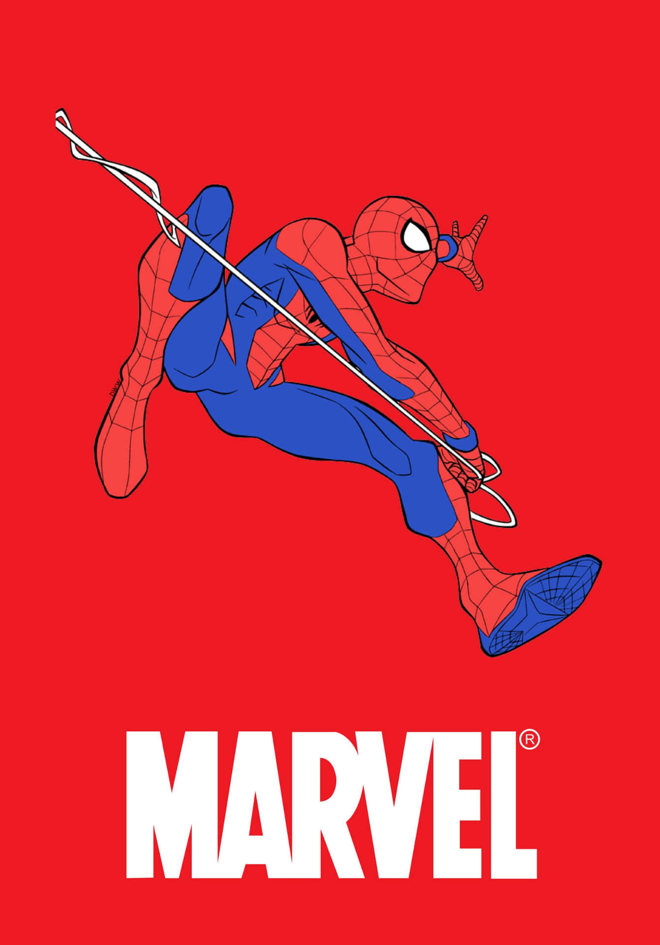 蜘蛛俠在紅色背景上擺盪，帶有Marvel標誌