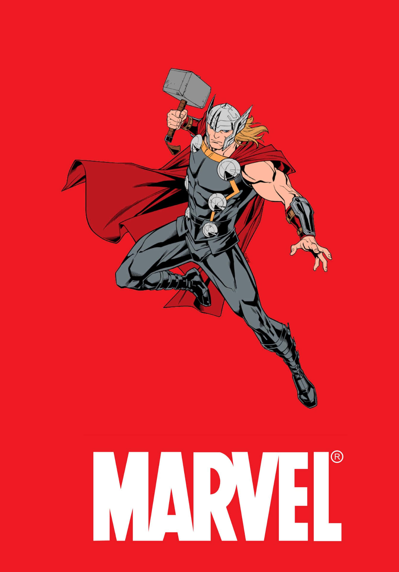 雷神托爾超級英雄在半空中手持錘子，背景為紅色，帶有Marvel標誌。