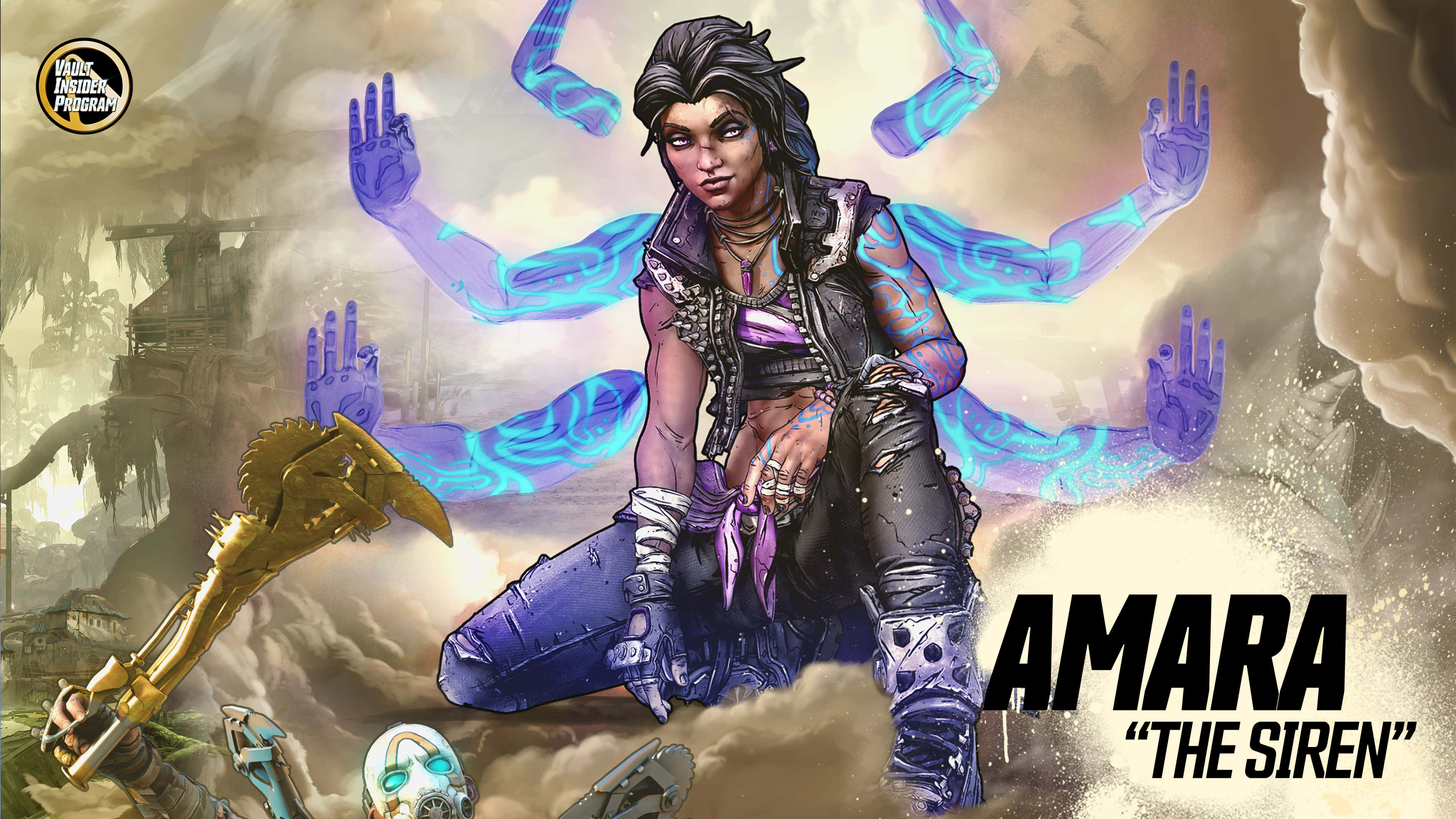 探索潘多拉星球的凍土與熱帶沙漠，體驗Borderlands 3 壁紙 — 一位兇猛的戰士，雙手散發著藍色能量光芒，跪在暴風雲和廢墟中，手持金色武器。