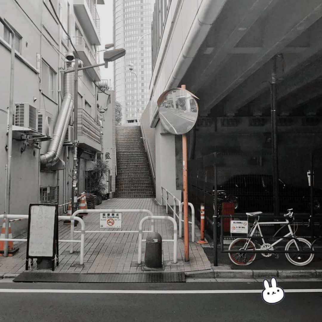 探索灰色美學的迷人之處 壁紙 — 一條單色調的城市小巷，有樓梯通往摩天大樓，兩旁是建築物，天橋下停著一輛單車。