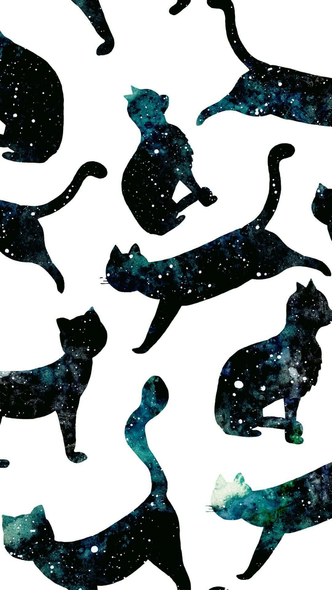 白色背景上充滿星係圖案的貓剪影。