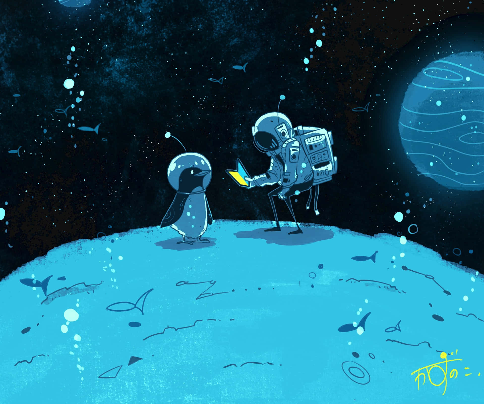太空人和企鵝站在藍色星球上，魚兒在太空中游動。