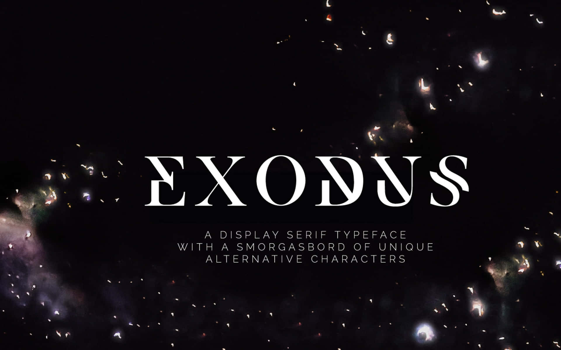 粗體白色襯線文字 Exodus 在帶有發光粒子的黑暗宇宙星雲背景上。