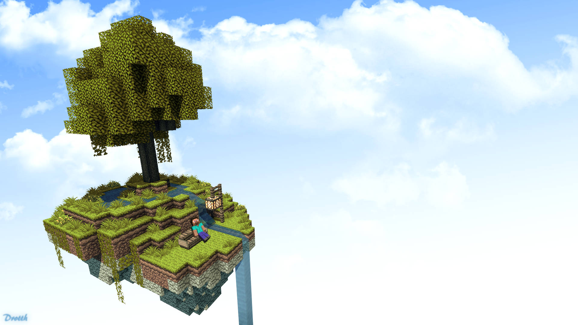 一個Minecraft玩家在浮島的樹下休息，地形分層，天空明亮。