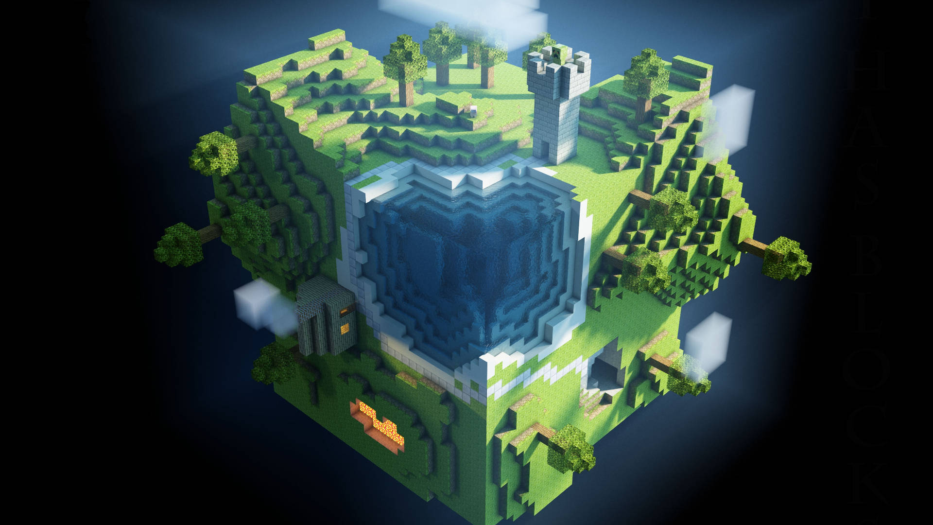 漂浮的Minecraft島嶼，有水池、樹木和城堡，在黑暗的天空中