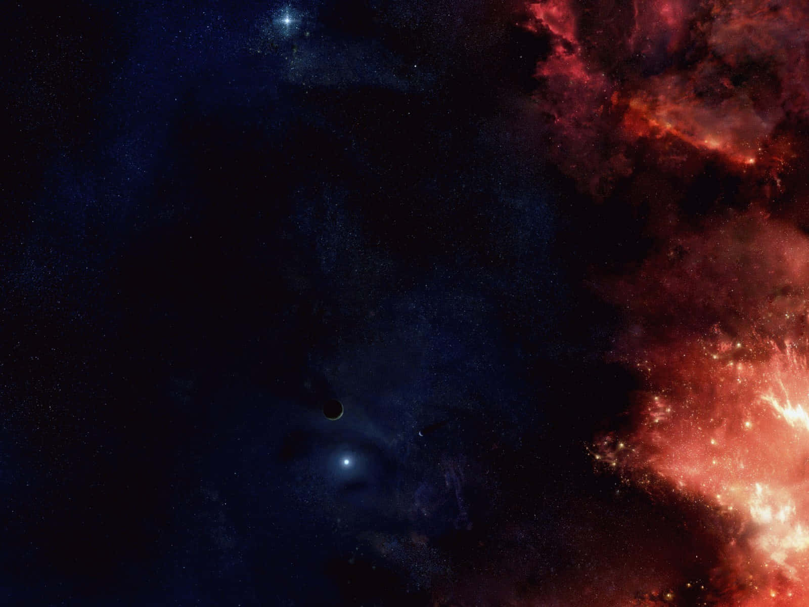在滿是星星的宇宙場景中，一顆行星漂浮在鮮豔的紅色星雲附近。
